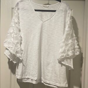 Boho Effortless Women White Boxy Flared Feathered Bell Sleeve WhimsicalTop Large